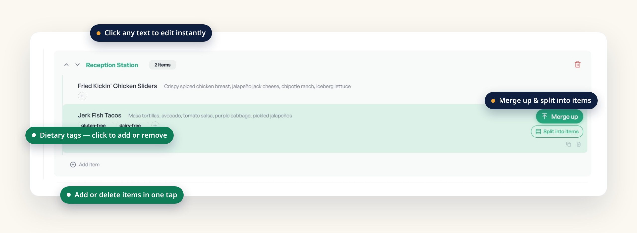 The BanquetLabel Customize editor with callouts: click any text to edit instantly, dietary tags click to add or remove, merge up and split into items, and add or delete items in one tap.