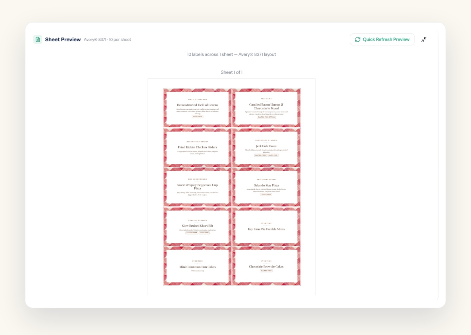 Sheet Preview showing ten finished labels laid out on an Avery® 8371 sheet