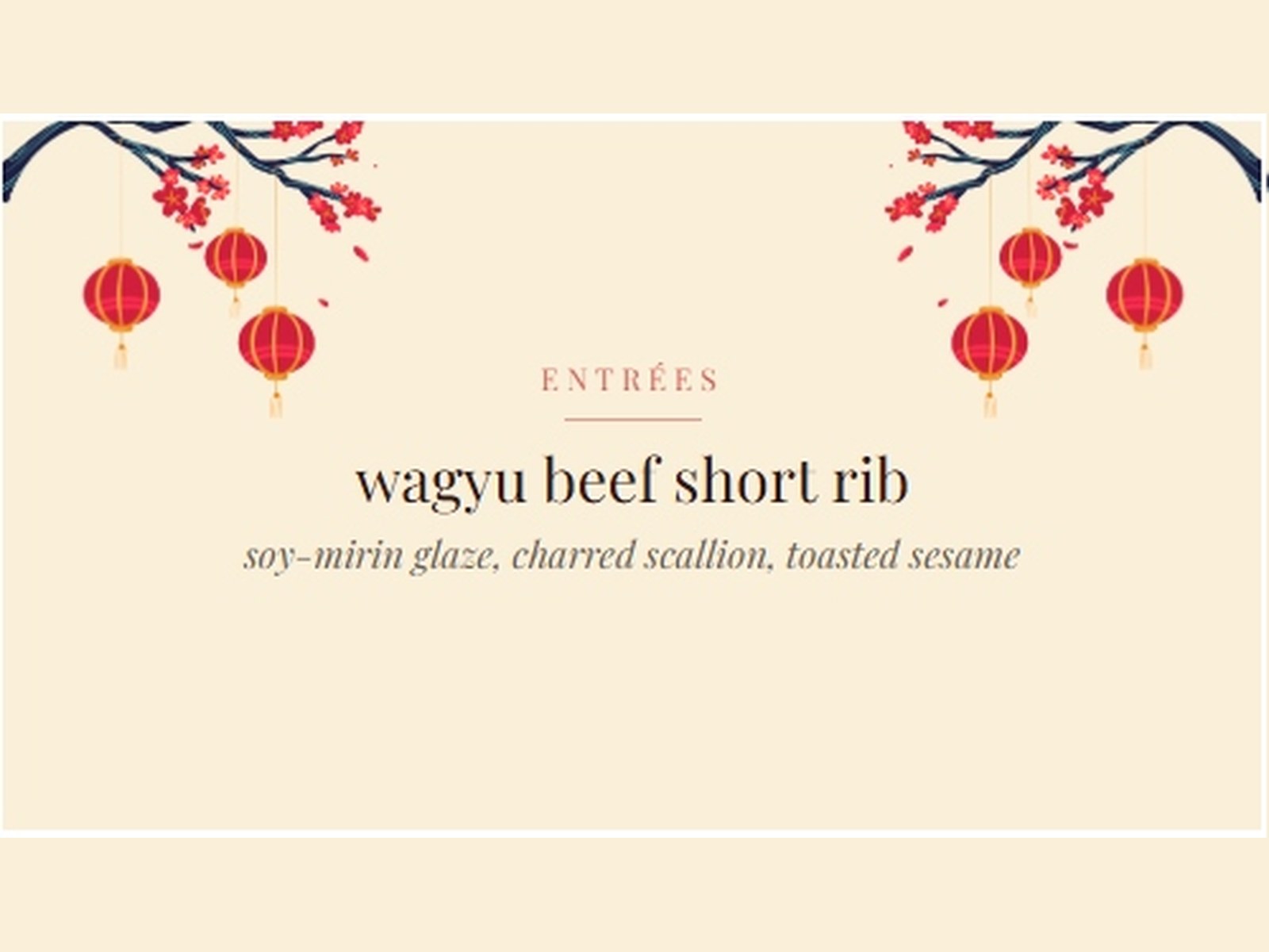 Asian-themed BanquetLabel label showing Wagyu Beef Short Rib with red lantern and cherry-blossom design