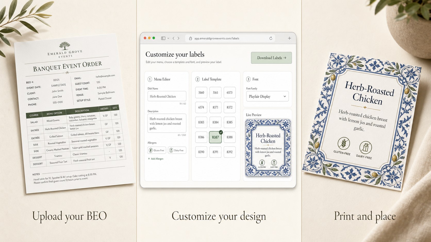 Three-step BanquetLabel workflow: upload a banquet event order, customize labels in the BanquetLabel app, and print Avery®-compatible buffet labels for the event.
