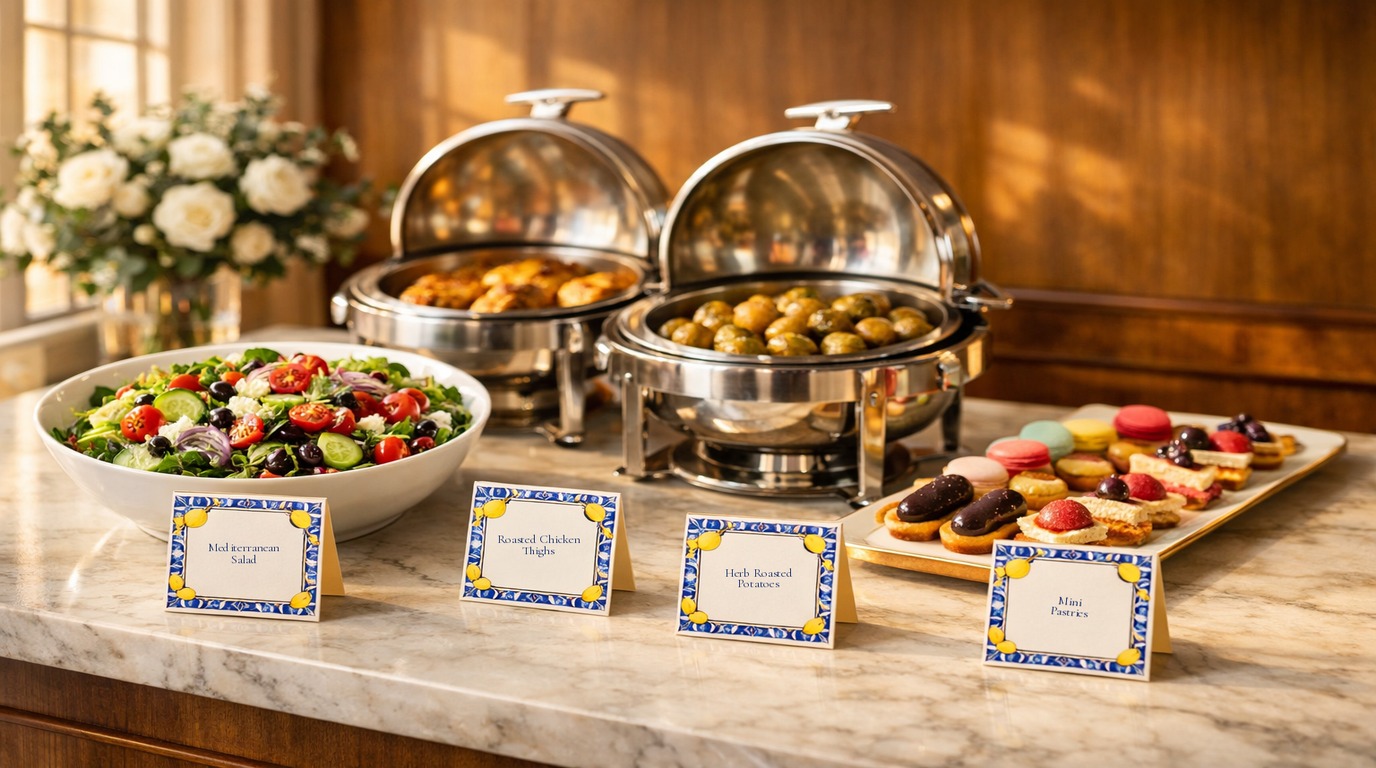 A boutique hotel buffet station with printed dish labels next to each plated dish