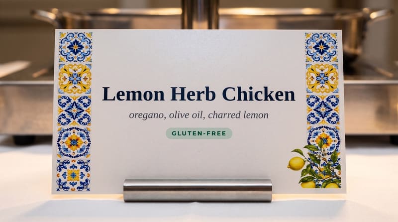 Mediterranean-themed 5 by 3 inch buffet label resting in a stainless steel card holder on a white linen banquet table, with chafing dishes behind it