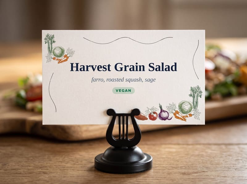 Rustic-farm-themed 3.5 by 2 inch buffet label gripped by a black metal harp clip on a round weighted base, on a reclaimed oak table with a salad board behind it
