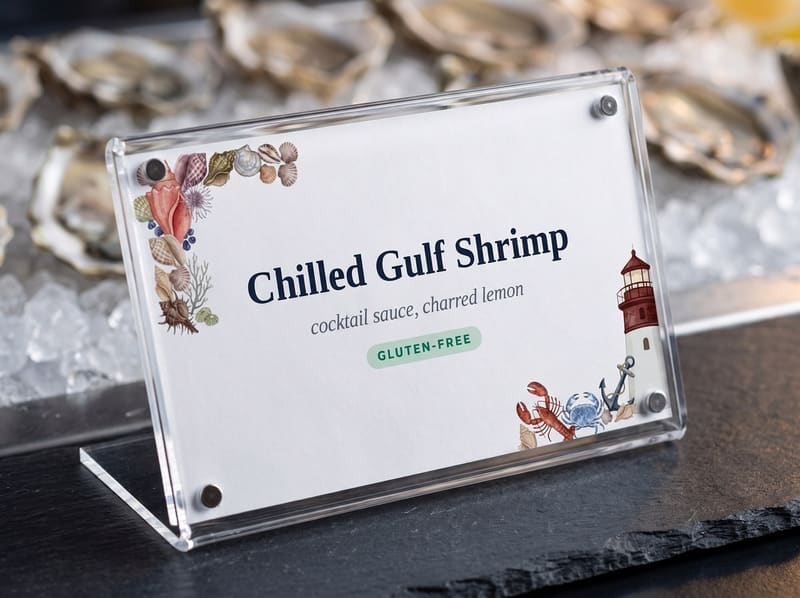 Coastal-themed 3.5 by 2 inch buffet label in an angled clear acrylic sign holder with corner magnets, on a slate raw bar beside oysters on ice