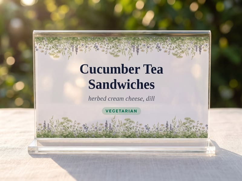 Garden-party-themed 3.5 by 2 inch buffet label standing in a clear acrylic card holder on an outdoor garden table in dappled sunlight