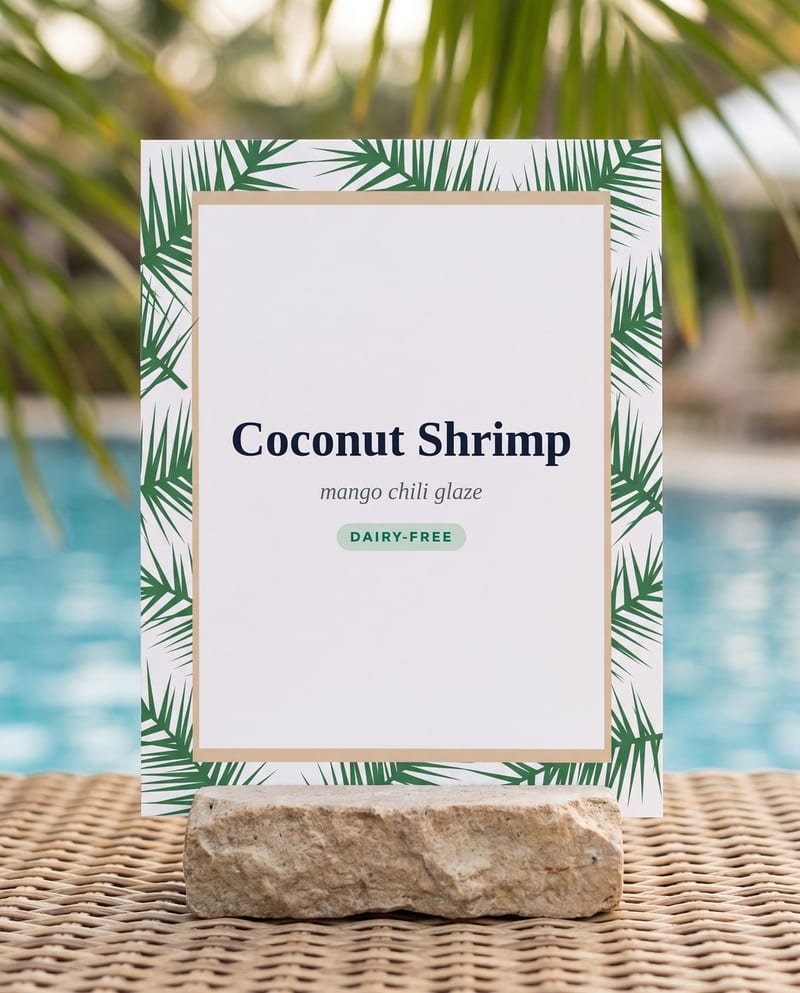 Tropical-Palm-themed 4.25 by 5.5 inch buffet label standing in a cut stone card holder on a woven poolside table, with palm fronds and water behind it