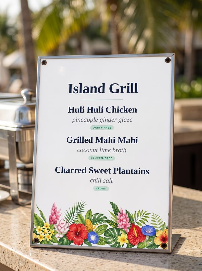 Tropical-Luau-themed 8.5 by 11 inch station sheet in an angled metal-trimmed acrylic sign holder with corner magnets, on an outdoor stone buffet counter beside a chafer, palms behind it