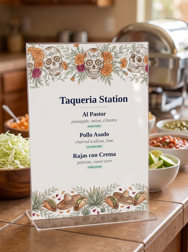Day-of-the-Dead-themed 8.5 by 11 inch station sheet leaning in a clear acrylic easel-back holder on a tiled taqueria counter, with bowls of salsa, cabbage and lime beside a chafer