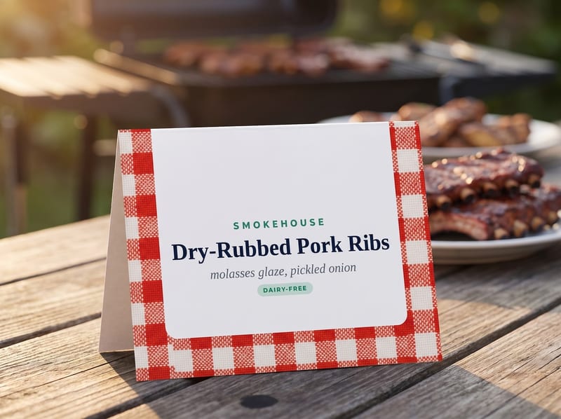 BBQ-themed BanquetLabel card folded into a self-standing table tent on a weathered wood table outdoors, with no holder of any kind, a grill and a platter of ribs behind it