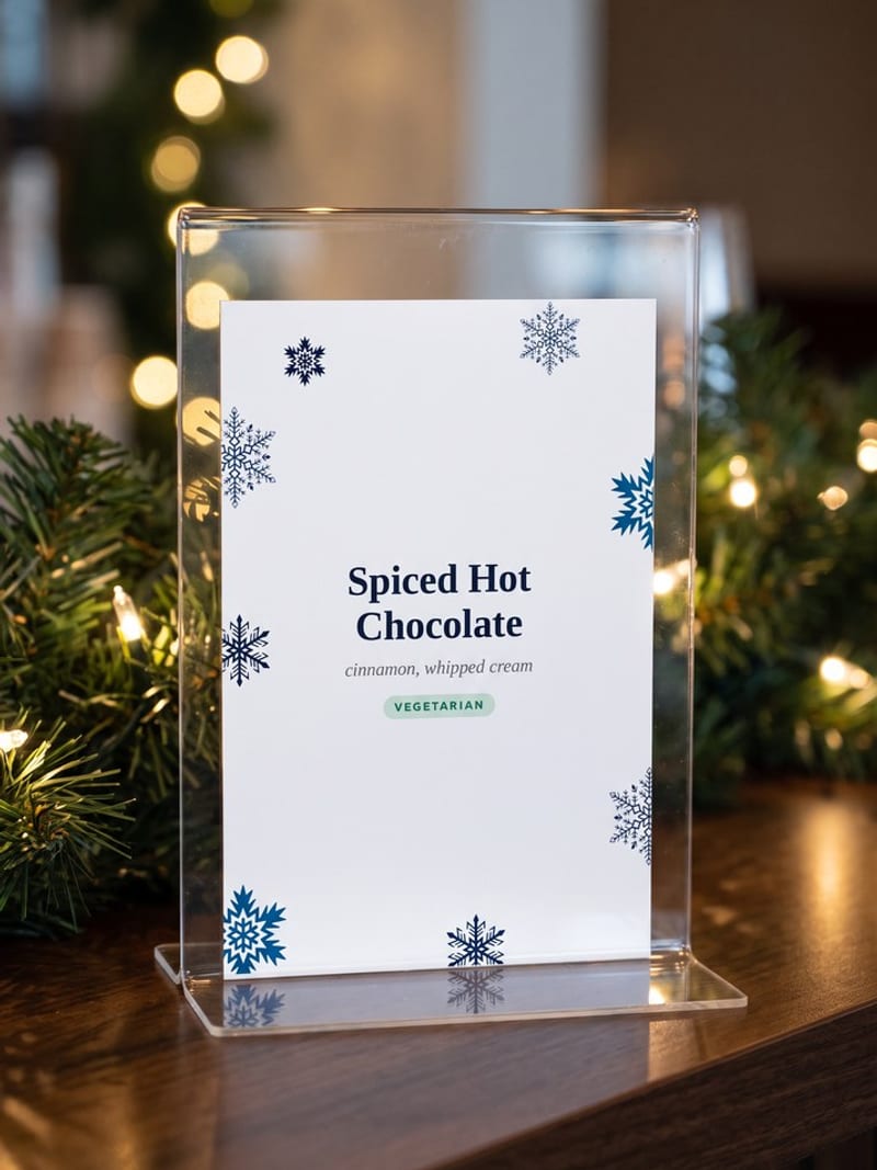 Winter-Wonderland-themed 4 by 6 inch buffet label in a clear acrylic T-base cardholder on a dark wood bar, with garland and warm string lights behind it