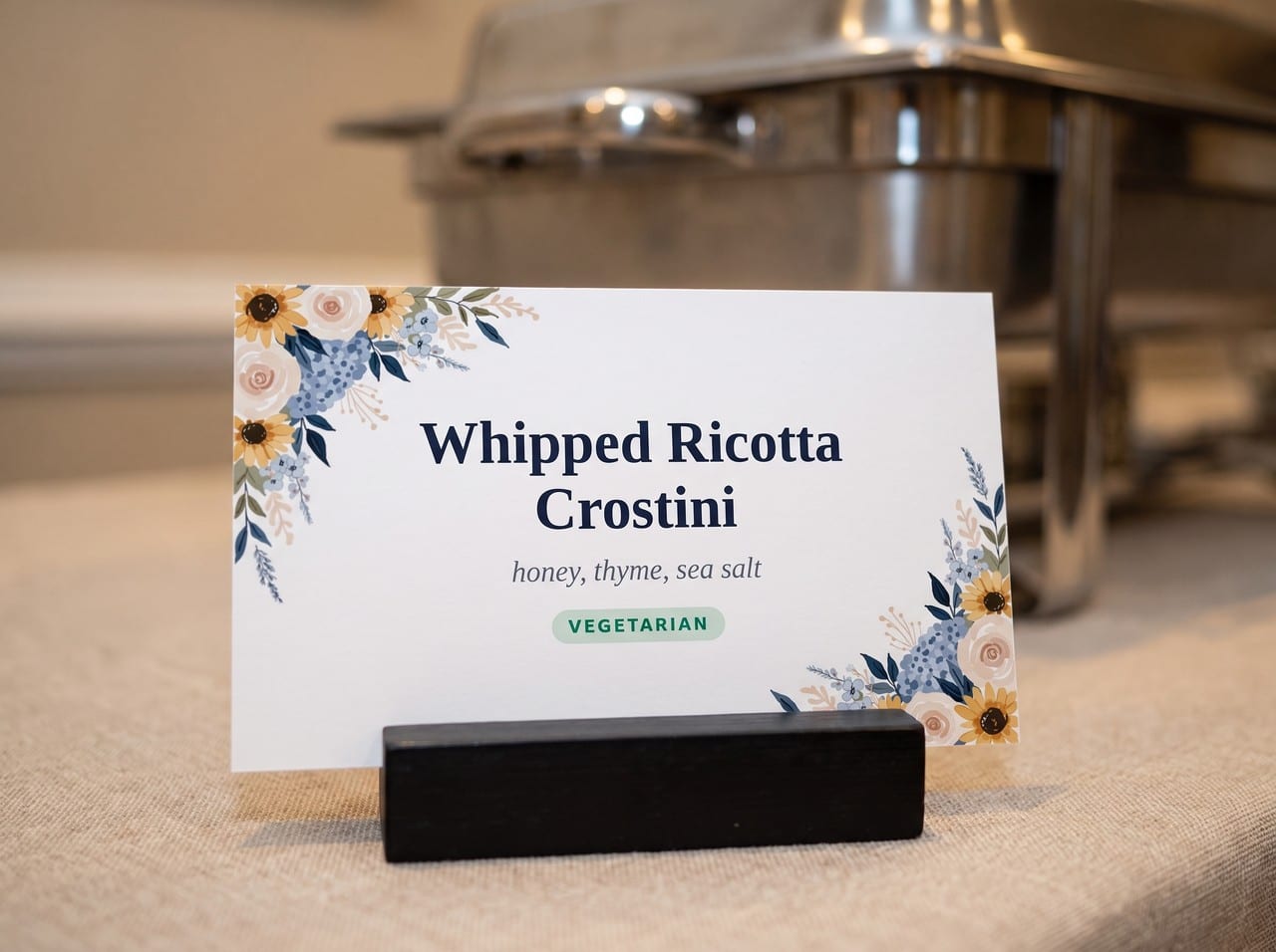 3.5 by 2 inch buffet label in a black wooden card holder on a buffet line, with a chafing dish behind it