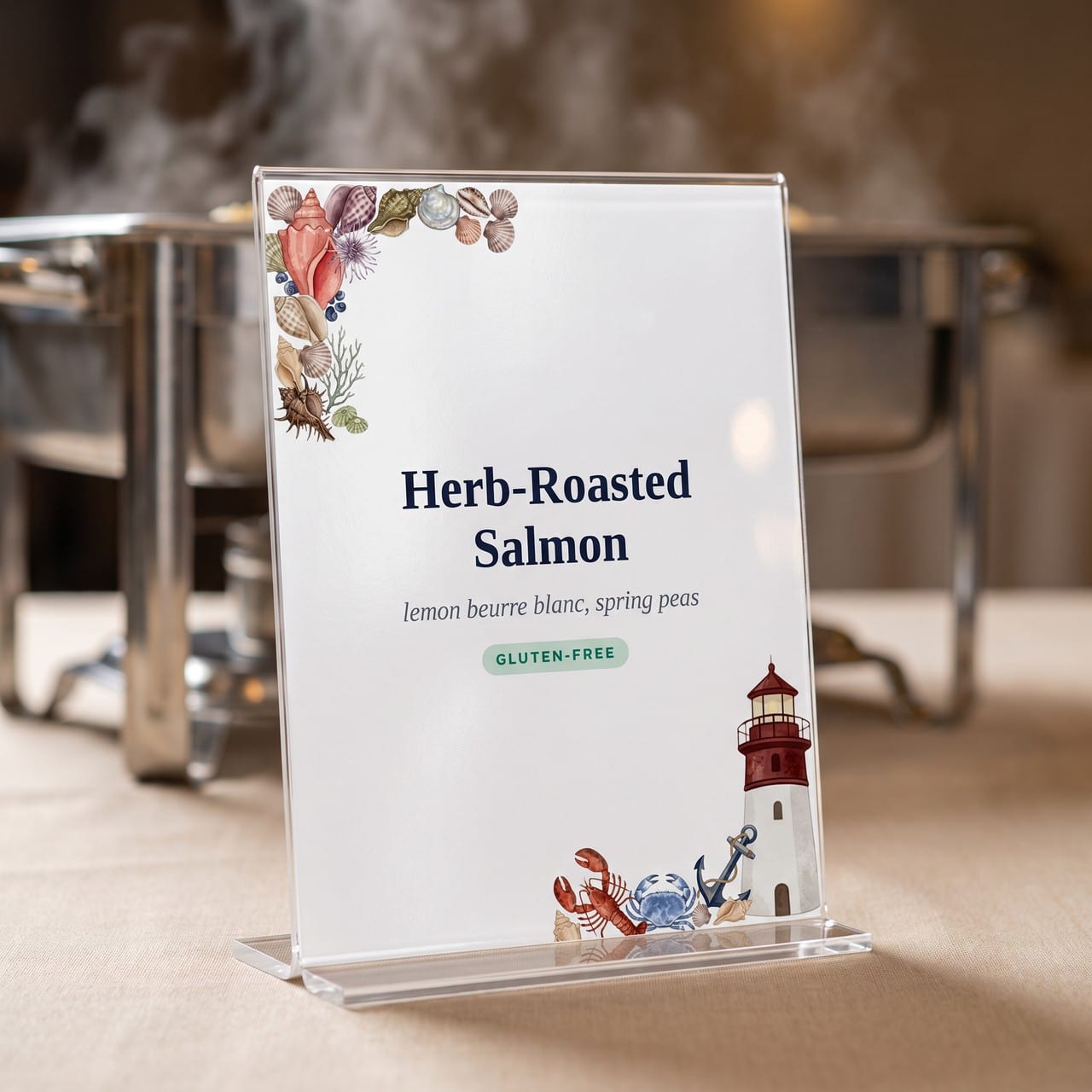4.25 by 5.5 inch buffet label in a clear acrylic upright sign holder beside two chafing dishes