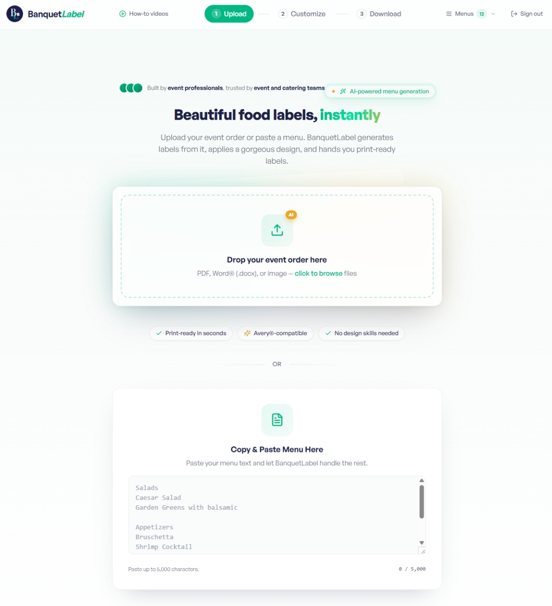 BanquetLabel upload screen: drop your BEO or paste a menu