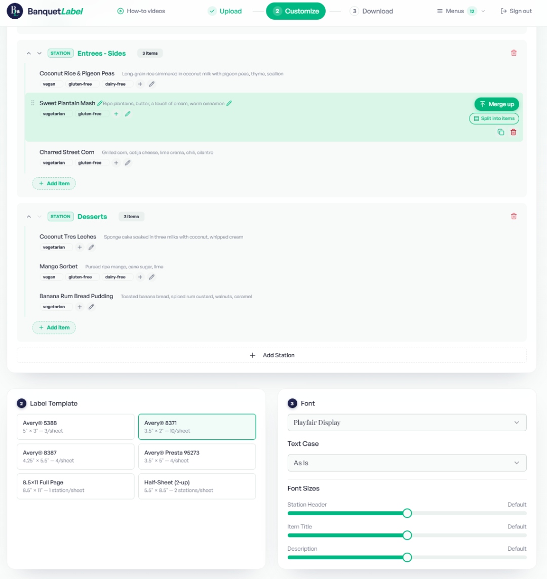 BanquetLabel customize screen: edit stations, pick template and font